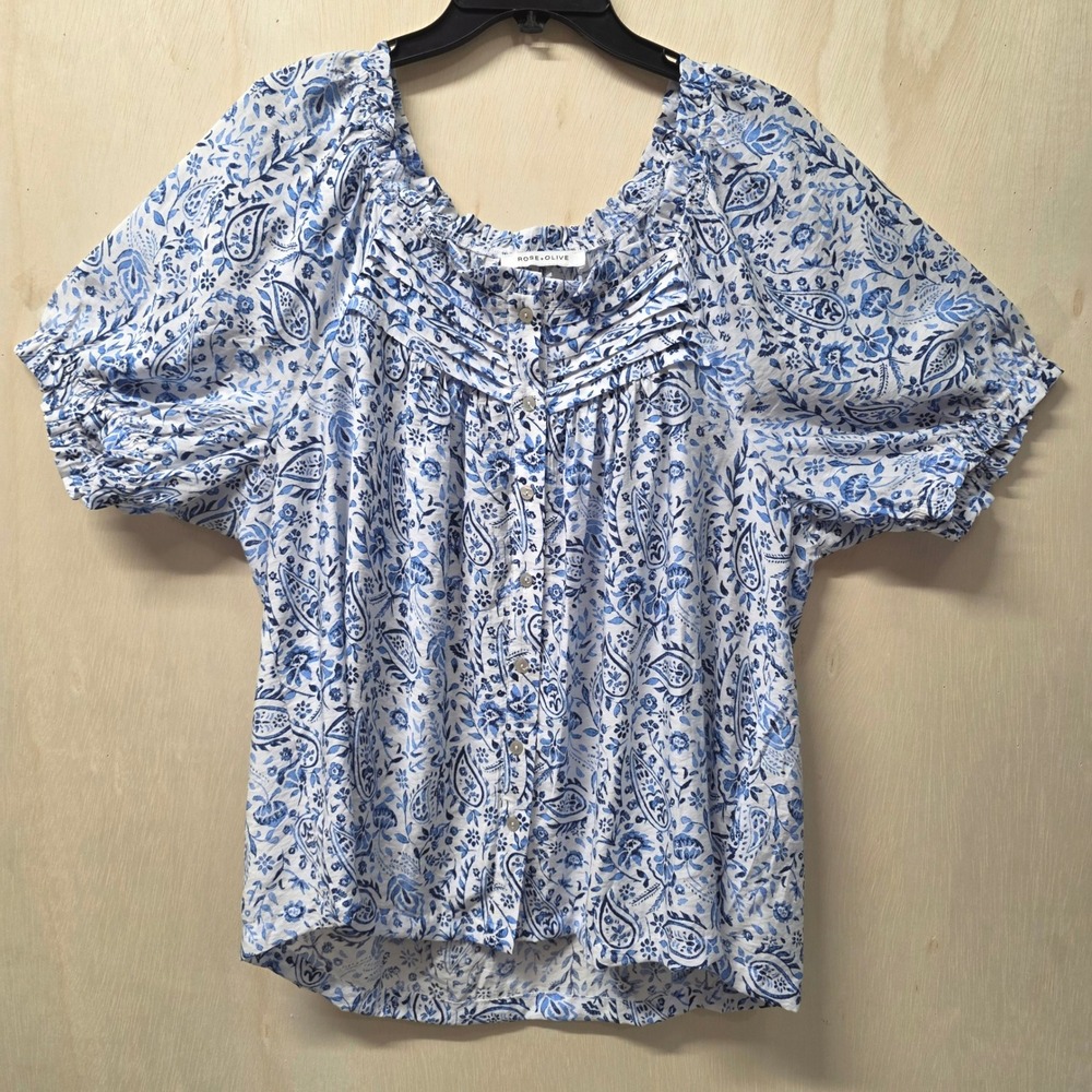 Rose + Olive Blue White Paisley Floral Puff Sleeve Pintuck Blouse Top